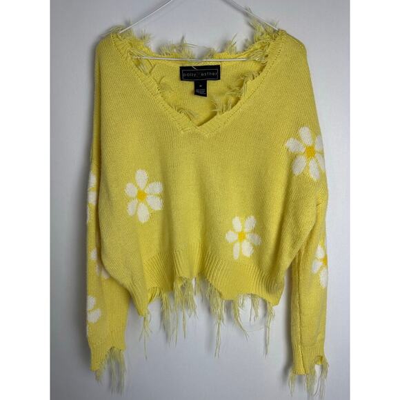 Polly & Esther Cropped Distressed Sweater Yellow Daisy Floral Y2K - Picture 1 of 11